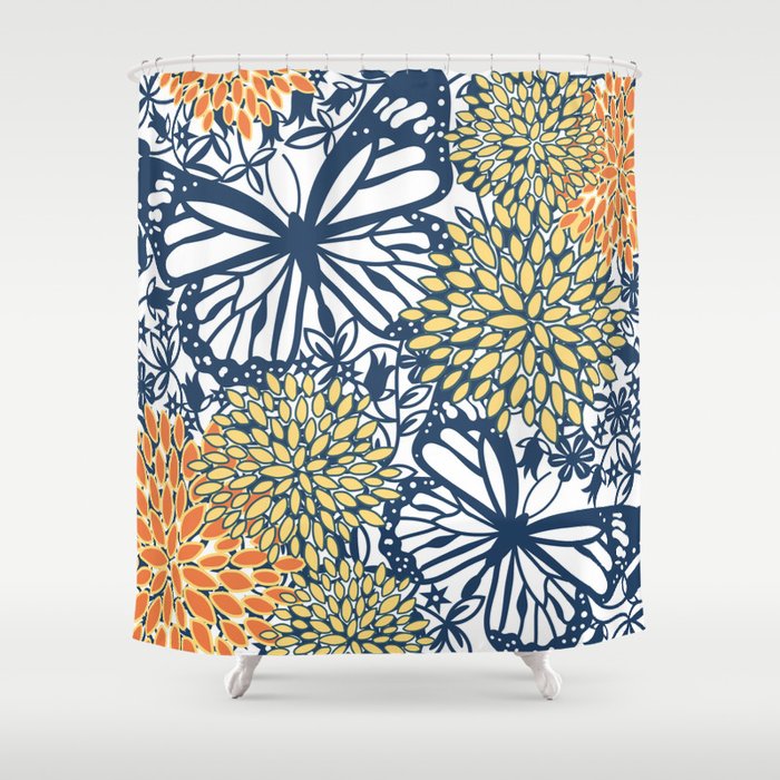 Butterfly and Floral Prints, Navy Blue, Orange, Yellow Shower Curtain Gallery Image 1