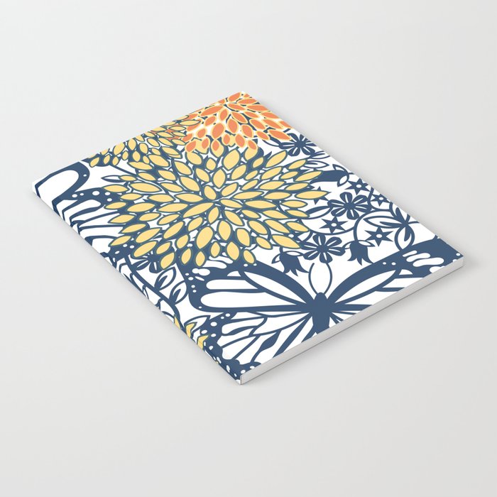 Butterfly and Floral Prints, Navy Blue, Orange, Yellow Notebook Gallery Image 2