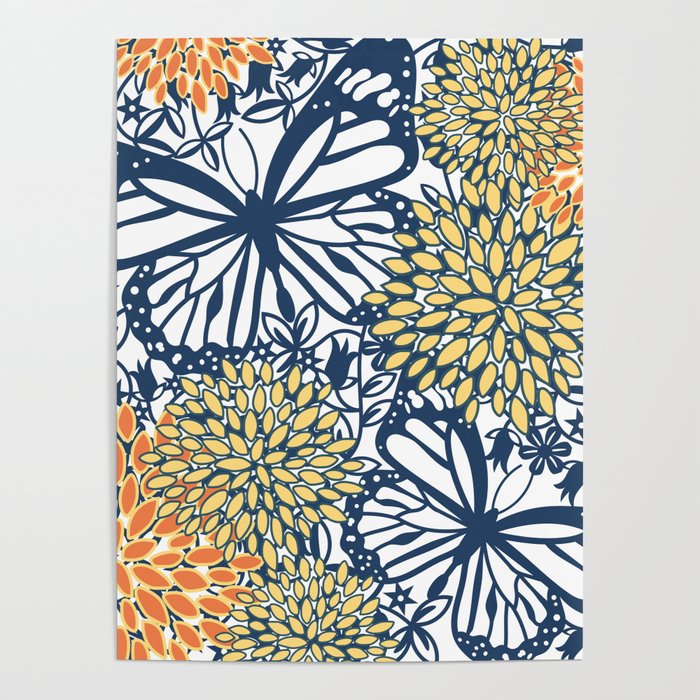 Butterfly and Floral Prints, Navy Blue, Orange, Yellow Poster Gallery Image 4