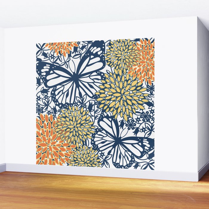Butterfly and Floral Prints, Navy Blue, Orange, Yellow Wall Mural Gallery Image 2