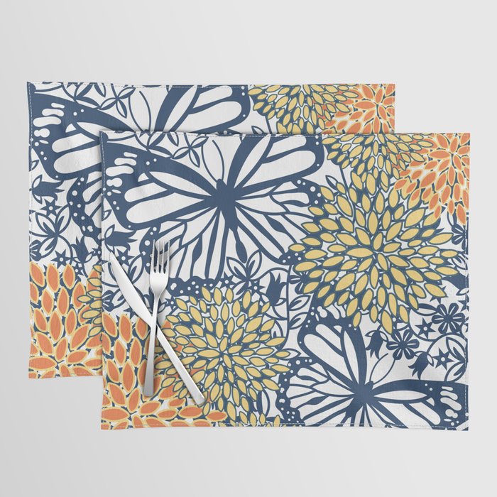 Butterfly and Floral Prints, Navy Blue, Orange, Yellow Placemat Gallery Image 1