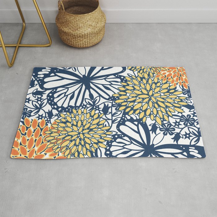 Butterfly and Floral Prints, Navy Blue, Orange, Yellow Rug Gallery Image 1