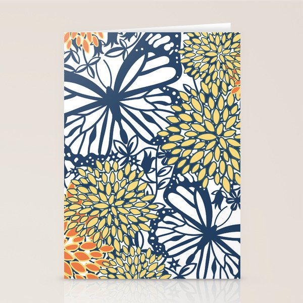 Butterfly and Floral Prints, Navy Blue, Orange, Yellow Stationery Card Gallery Image 1