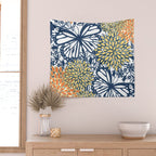 Butterfly and Floral Prints, Navy Blue, Orange, Yellow Wall Tapestry Gallery Image 2