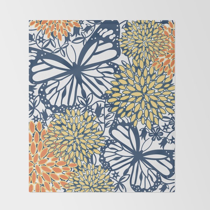 Butterfly and Floral Prints, Navy Blue, Orange, Yellow Throw Blanket Gallery Image 2