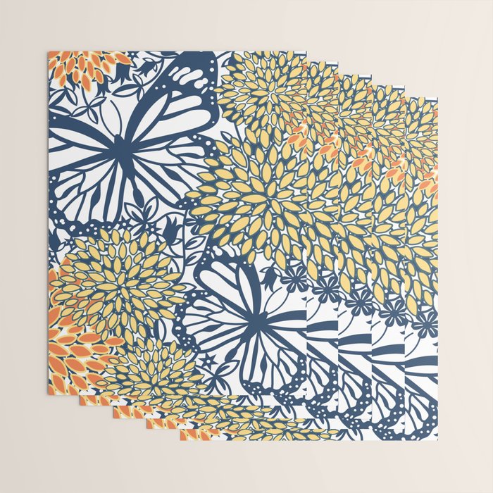 Butterfly and Floral Prints, Navy Blue, Orange, Yellow Wrapping Paper Gallery Image 3