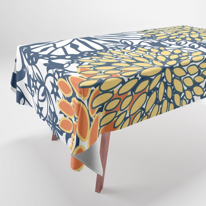 Butterfly and Floral Prints, Navy Blue, Orange, Yellow Tablecloth Gallery Image 1