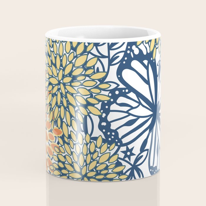 Butterfly and Floral Prints, Navy Blue, Orange, Yellow Coffee Mug Gallery Image 4