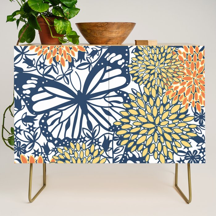 Butterfly and Floral Prints, Navy Blue, Orange, Yellow Credenza Gallery Image 1