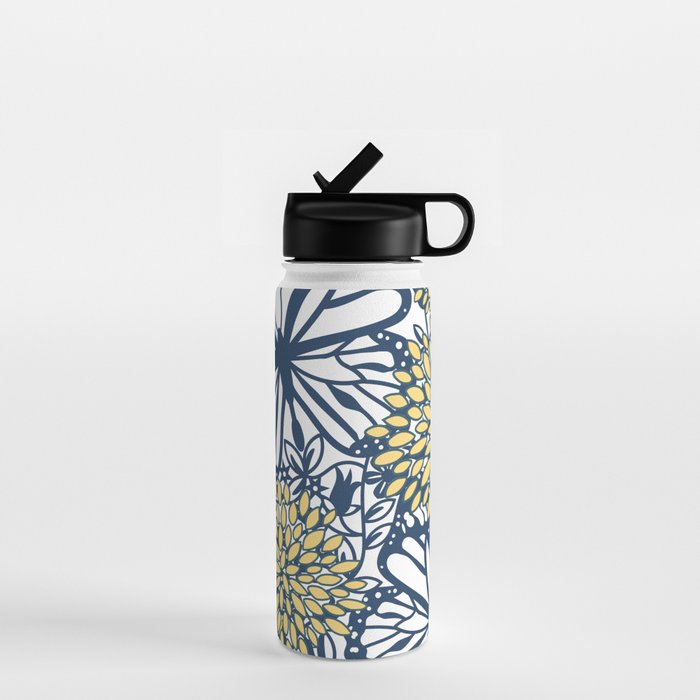 Butterfly and Floral Prints, Navy Blue, Orange, Yellow Water Bottle Gallery Image 1