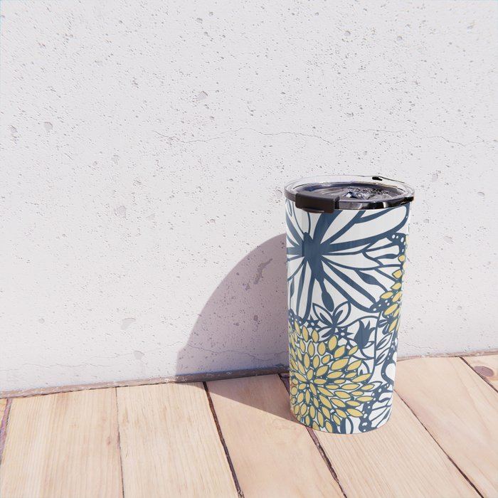 Butterfly and Floral Prints, Navy Blue, Orange, Yellow Travel Mug Gallery Image 4