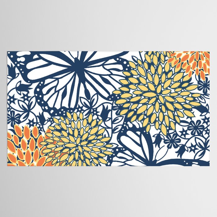 Butterfly and Floral Prints, Navy Blue, Orange, Yellow Tablecloth Gallery Image 2