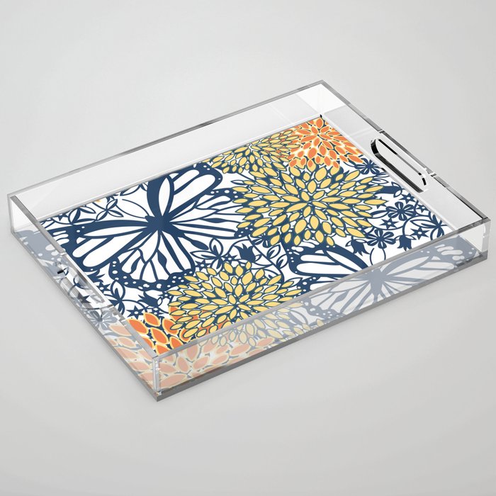 Butterfly and Floral Prints, Navy Blue, Orange, Yellow Acrylic Tray Gallery Image 1