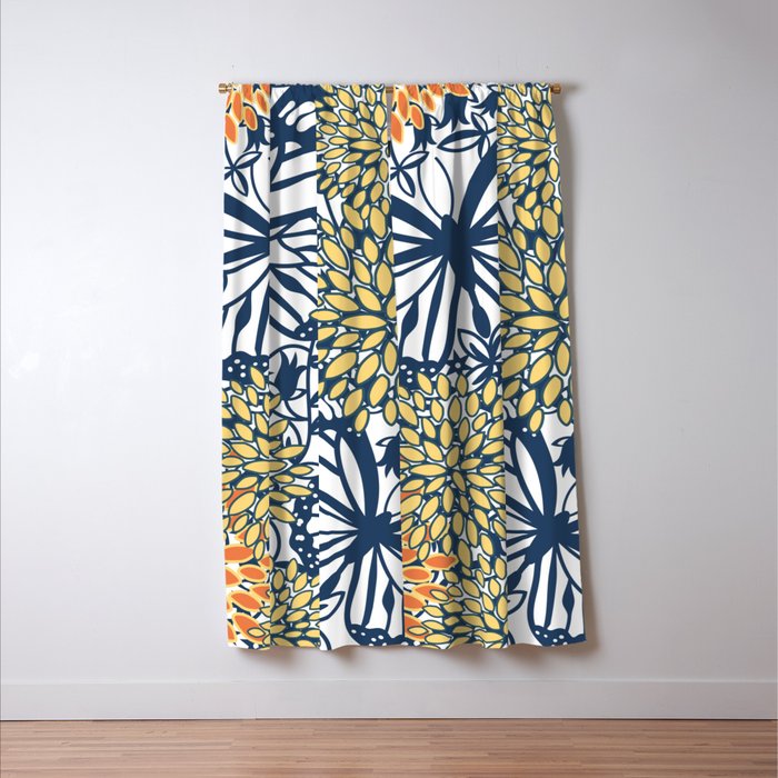 Butterfly and Floral Prints, Navy Blue, Orange, Yellow Window Curtain Gallery Image 3
