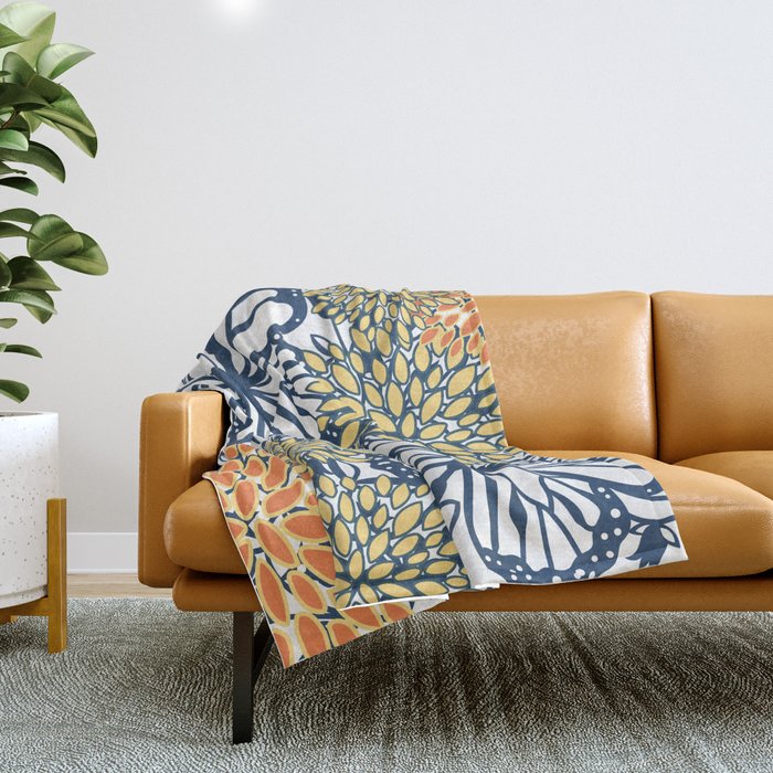 Butterfly and Floral Prints, Navy Blue, Orange, Yellow Throw Blanket Gallery Image 1