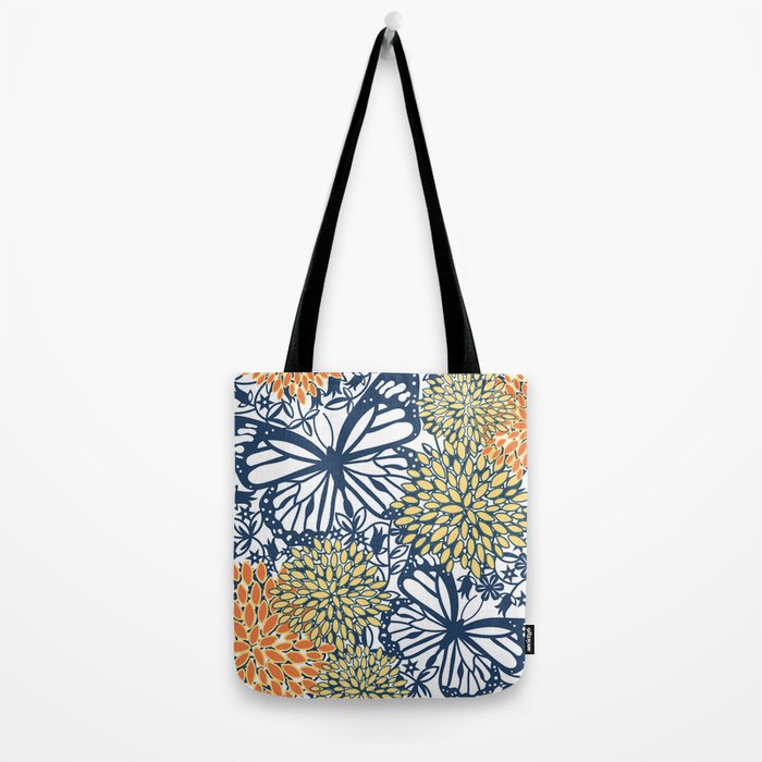 Butterfly and Floral Prints, Navy Blue, Orange, Yellow Tote Bag Gallery Image 2