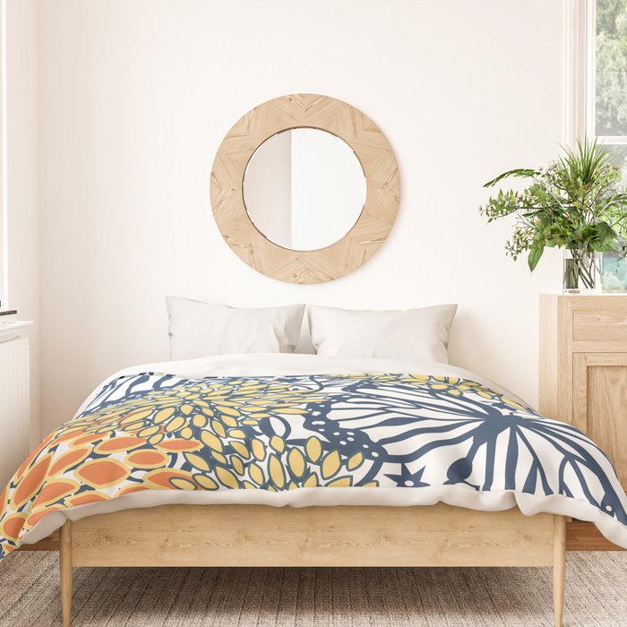 Butterfly and Floral Prints, Navy Blue, Orange, Yellow Duvet Cover Gallery Image 3