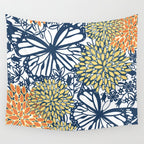 Butterfly and Floral Prints, Navy Blue, Orange, Yellow Wall Tapestry Gallery Image 4