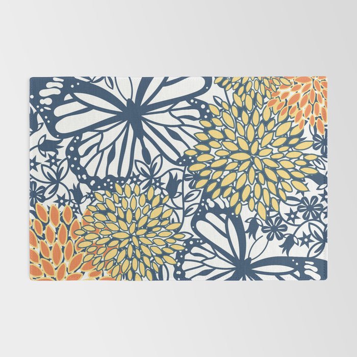 Butterfly and Floral Prints, Navy Blue, Orange, Yellow Rug Gallery Image 2