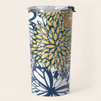 Butterfly and Floral Prints, Navy Blue, Orange, Yellow Travel Mug Gallery Image 2