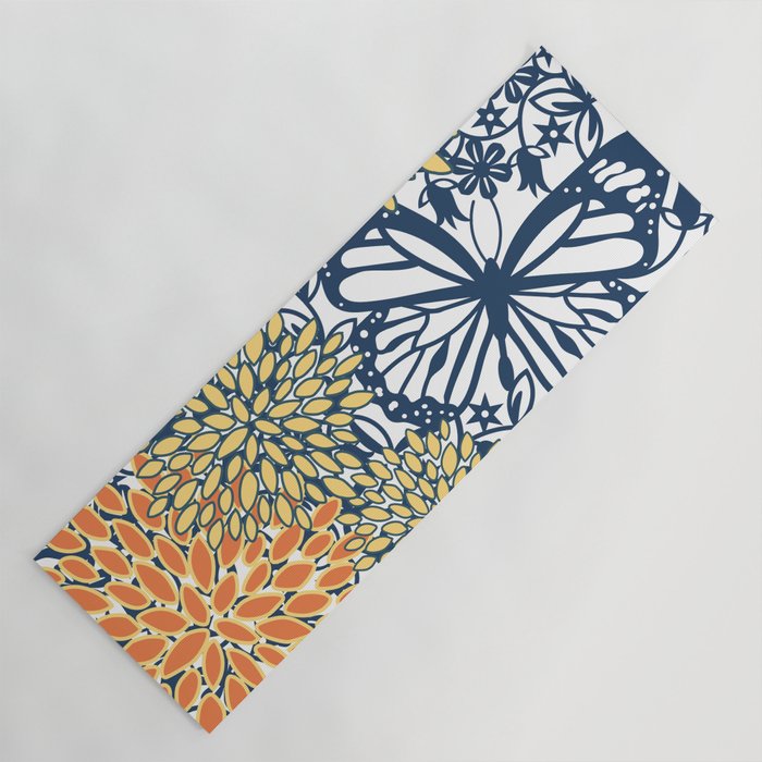 Butterfly and Floral Prints, Navy Blue, Orange, Yellow Yoga Mat Gallery Image 1