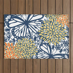 Butterfly and Floral Prints, Navy Blue, Orange, Yellow Outdoor Rug Gallery Image 1