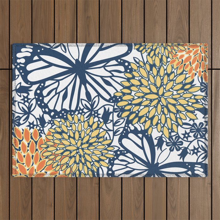 Butterfly and Floral Prints, Navy Blue, Orange, Yellow Outdoor Rug Gallery Image 1
