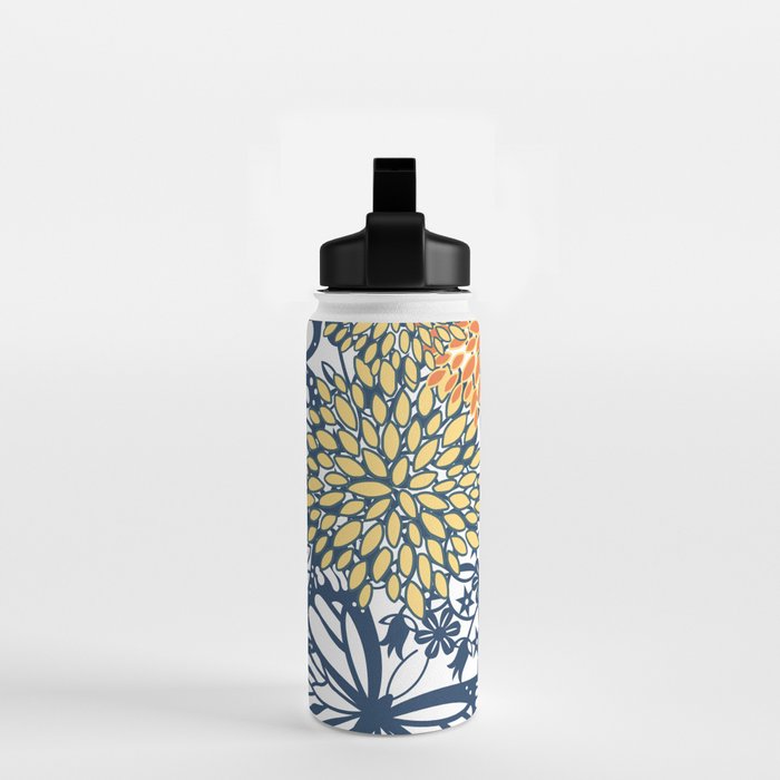 Butterfly and Floral Prints, Navy Blue, Orange, Yellow Water Bottle Gallery Image 2
