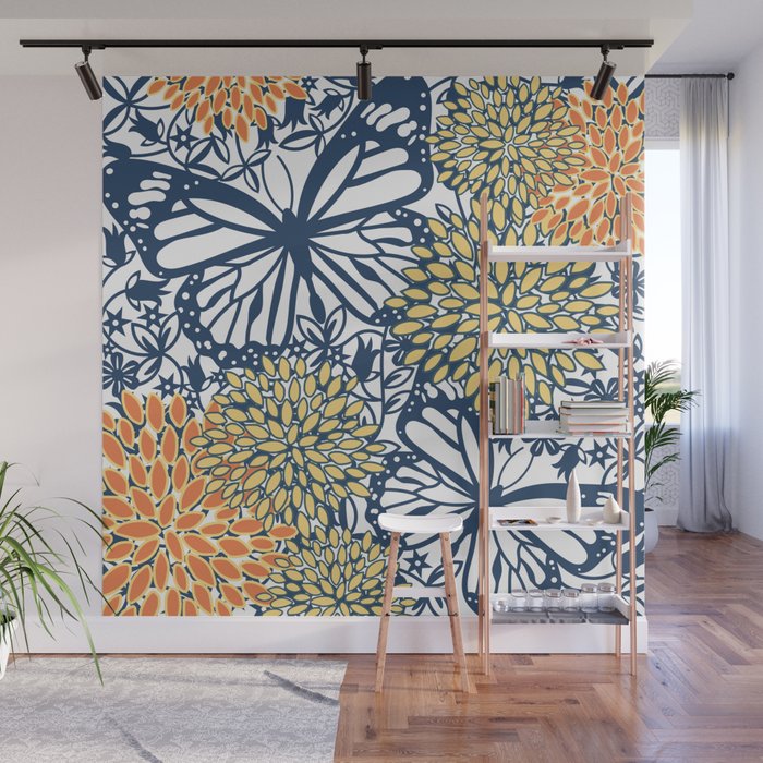 Butterfly and Floral Prints, Navy Blue, Orange, Yellow Wall Mural Gallery Image 1