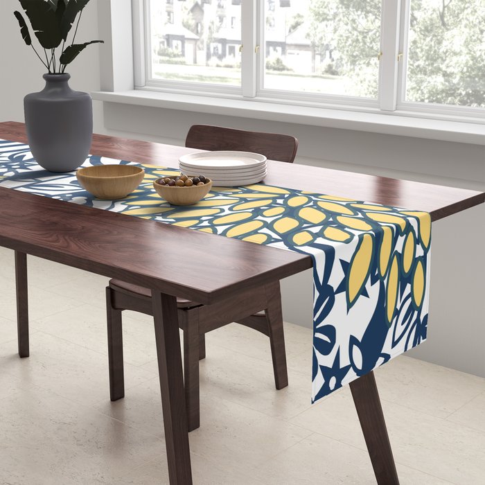 Butterfly and Floral Prints, Navy Blue, Orange, Yellow Table Runner Gallery Image 2