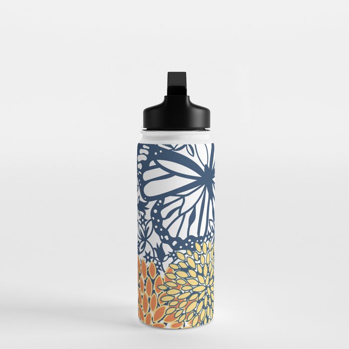 Butterfly and Floral Prints, Navy Blue, Orange, Yellow Water Bottle Gallery Image 3