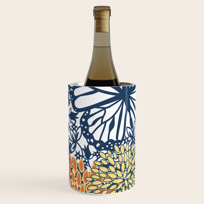 Butterfly and Floral Prints, Navy Blue, Orange, Yellow Wine Chiller Gallery Image 2