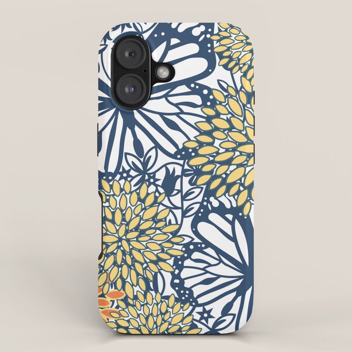Butterfly and Floral Prints, Navy Blue, Orange, Yellow iPhone Case Gallery Image 1