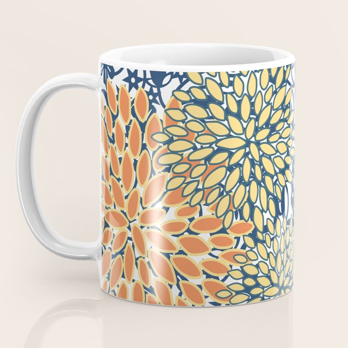 Butterfly and Floral Prints, Navy Blue, Orange, Yellow Coffee Mug Gallery Image 3