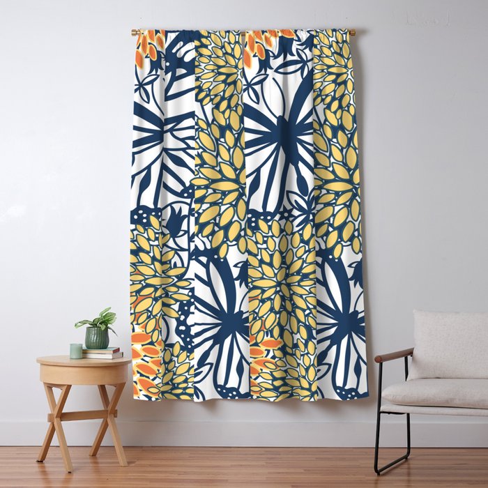 Butterfly and Floral Prints, Navy Blue, Orange, Yellow Window Curtain Gallery Image 5