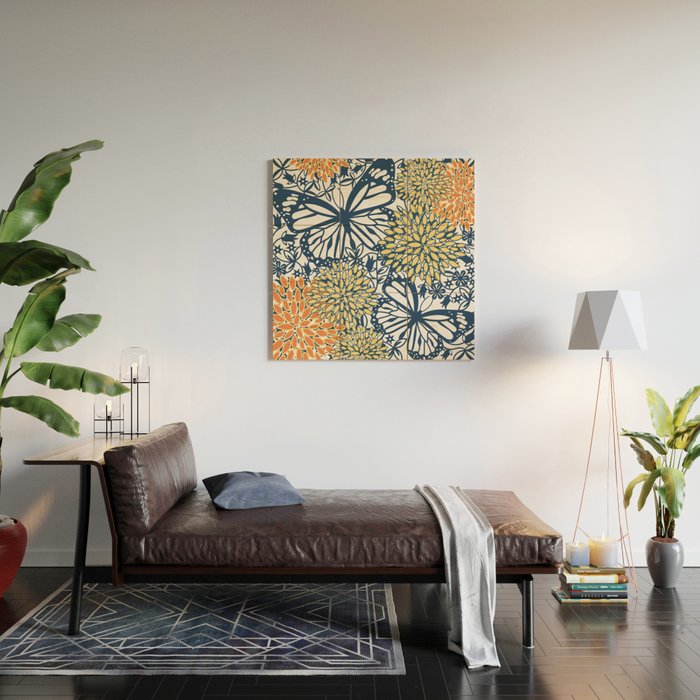 Butterfly and Floral Prints, Navy Blue, Orange, Yellow Wood Wall Art Gallery Image 2