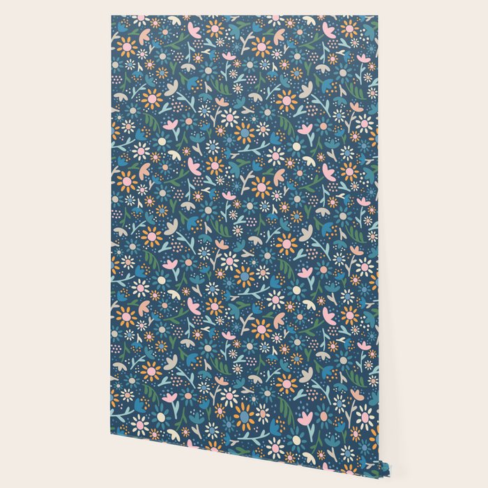 Ditsy Daisy Floral on Blue Wallpaper Gallery Image 2