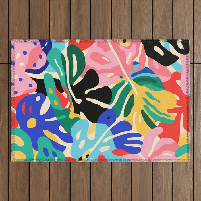 Colorful tropical plant leaves art pattern Outdoor Rug Gallery Image 1