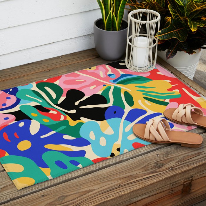 Colorful tropical plant leaves art pattern Outdoor Rug Gallery Image 2