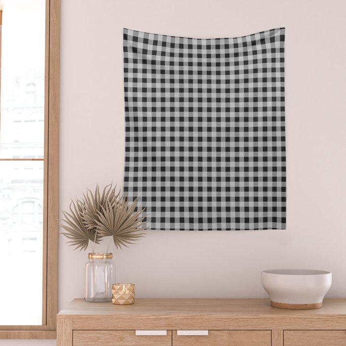 Gingham Check Plaid Pattern in Black and Gray Wall Tapestry Gallery Image 2
