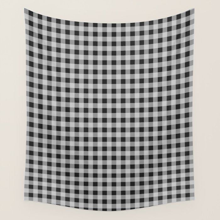 Gingham Check Plaid Pattern in Black and Gray Wall Tapestry Gallery Image 1