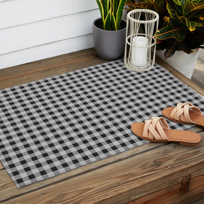 Gingham Check Plaid Pattern in Black and Gray Outdoor Rug Gallery Image 2