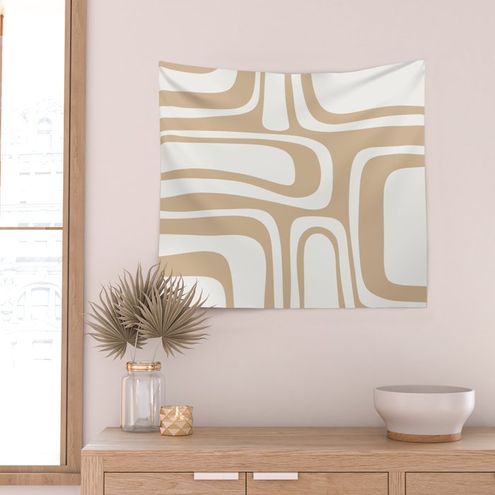 Palm Springs Midcentury Modern Abstract Pattern in Natural Wood Beige Wall Tapestry Gallery Image 2