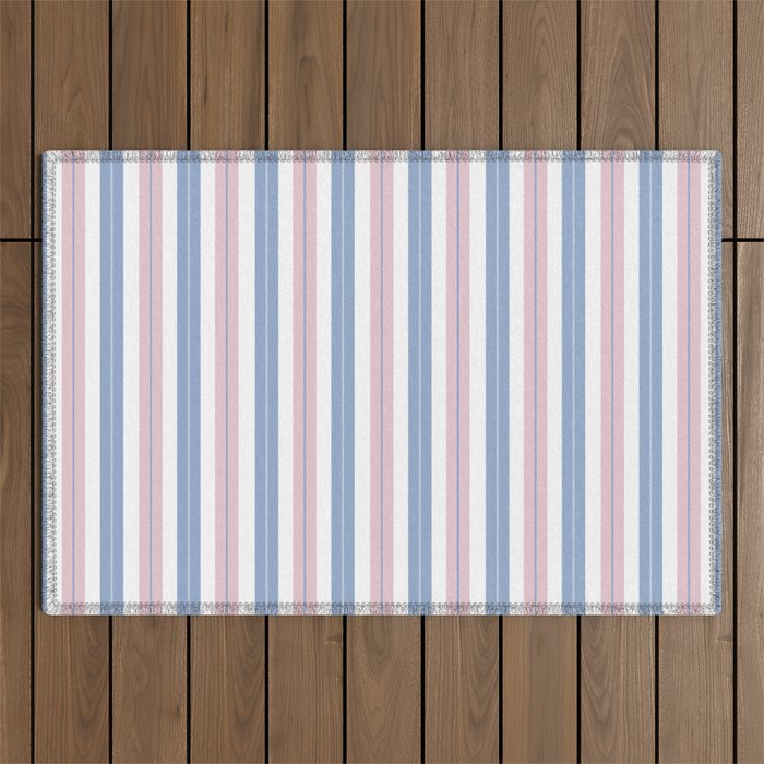 Cottage Stripes Double Stripe Pattern in Pastel Blue Pink White Outdoor Rug Gallery Image 1