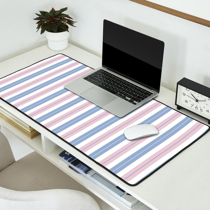 Cottage Stripes Double Stripe Pattern in Pastel Blue Pink White Desk Mat Gallery Image 2