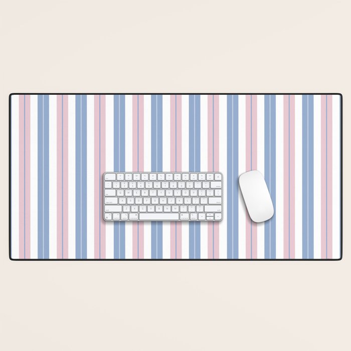 Cottage Stripes Double Stripe Pattern in Pastel Blue Pink White Desk Mat Gallery Image 1