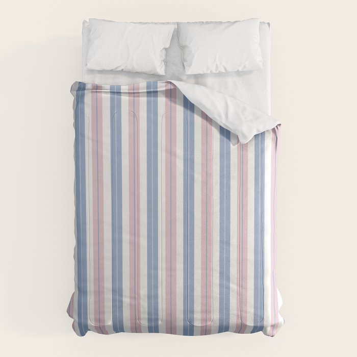 Cottage Stripes Double Stripe Pattern in Pastel Blue Pink White Comforter Gallery Image 1