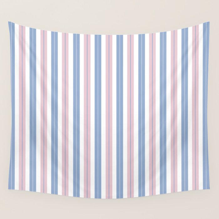 Cottage Stripes Double Stripe Pattern in Pastel Blue Pink White Wall Tapestry Gallery Image 4