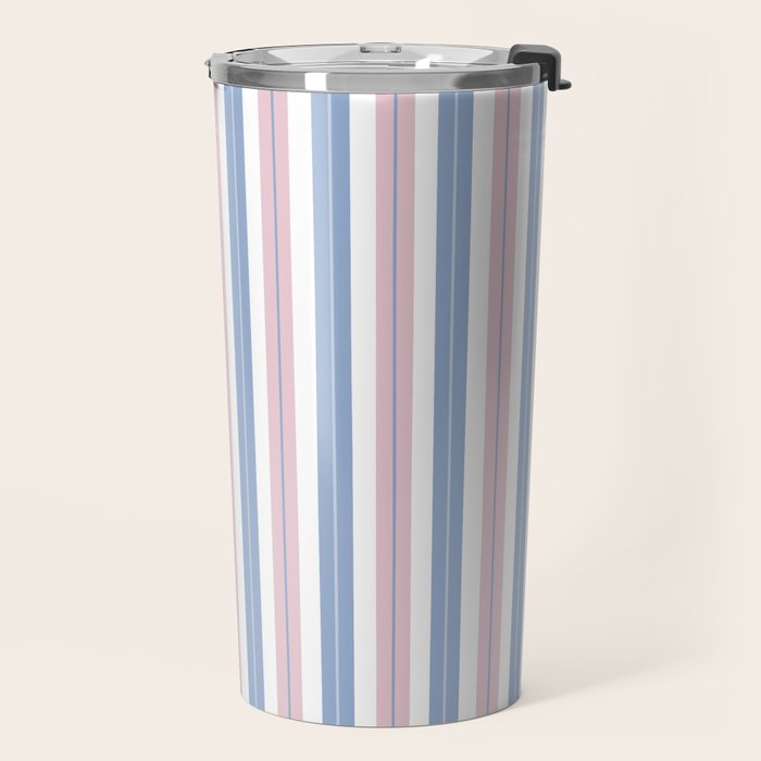 Cottage Stripes Double Stripe Pattern in Pastel Blue Pink White Travel Mug Gallery Image 2