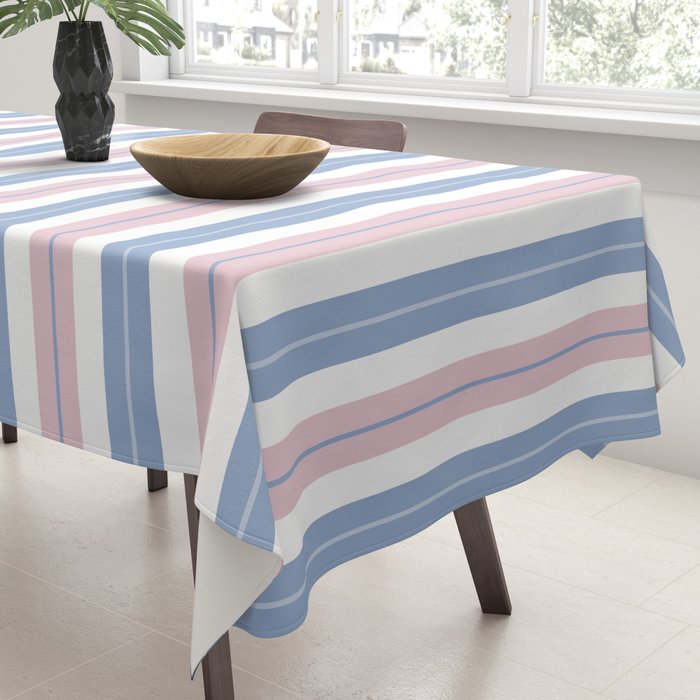 Cottage Stripes Double Stripe Pattern in Pastel Blue Pink White Tablecloth Gallery Image 3
